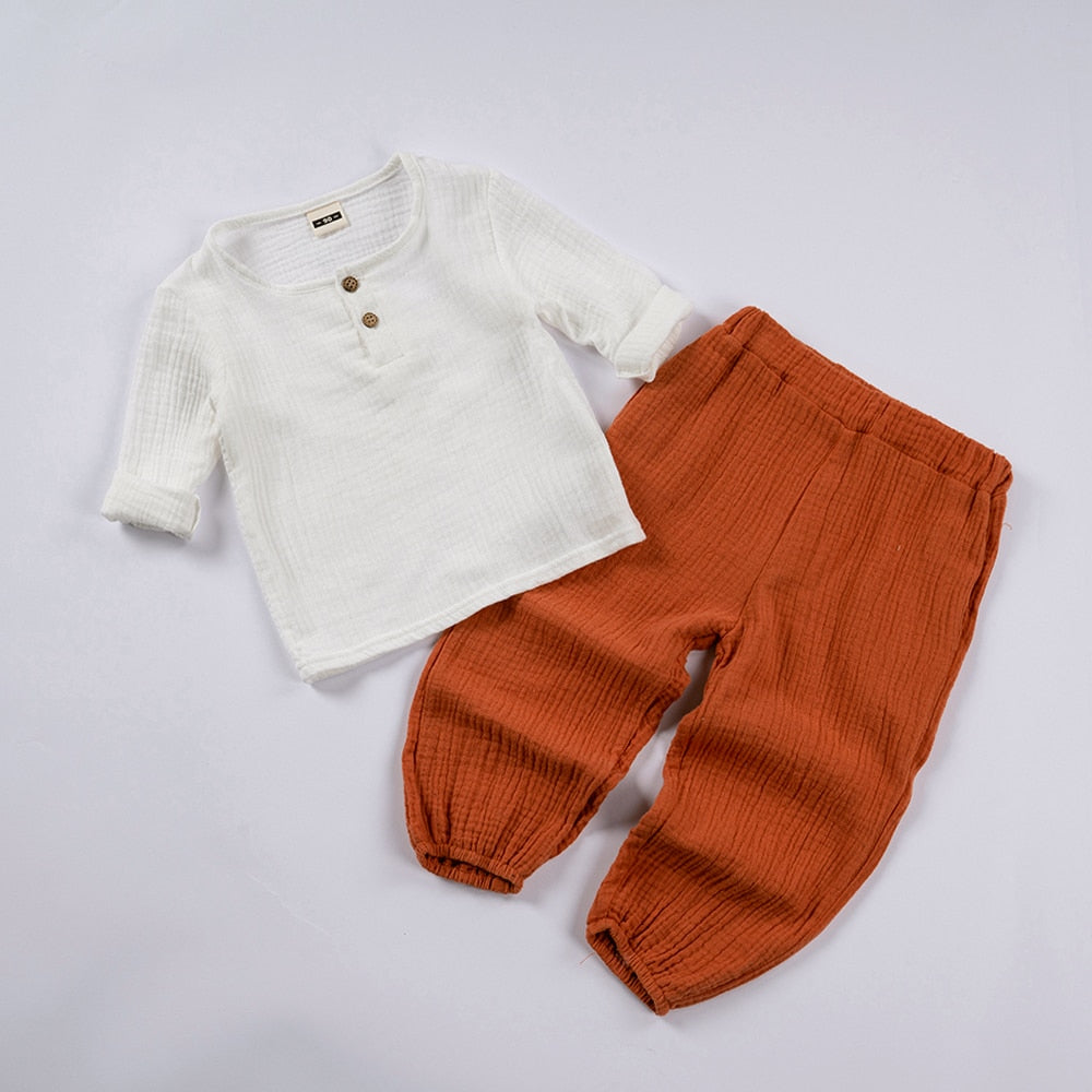Organic Outfits Cotton Solid Long Sleeve Loose Children Two Piece Set - GuGuTon