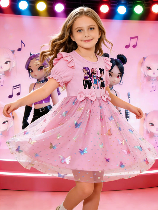 Girls' dress with sweet and cool girl group prints + double bows at the waist and puff sleeves