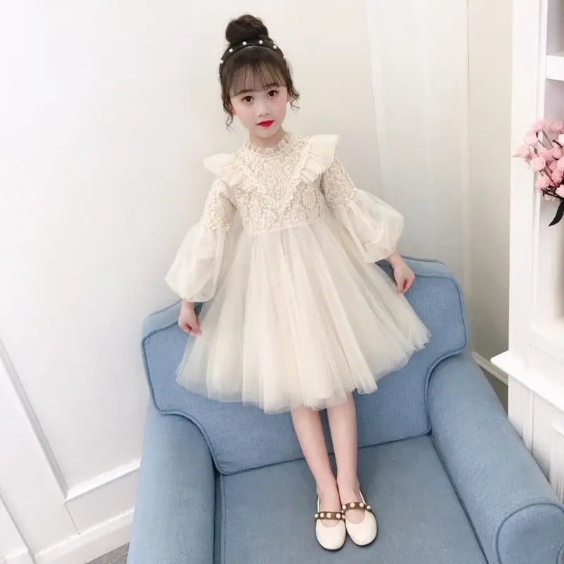 2023Girls' Autumn Winter New Fashion Half High Neck Long Sleeve Solid Color Dress