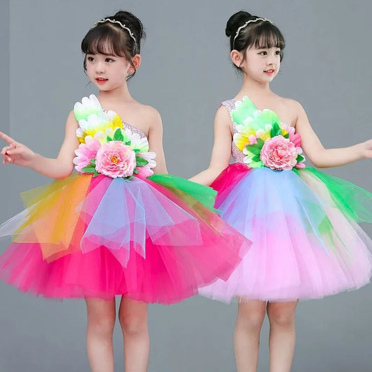 Multicolored Dance Dress Girls Modern Dance Costume Girls Contemporary Freestyle Dance Dress