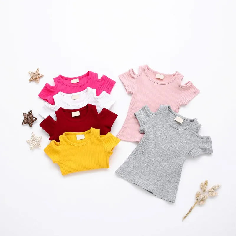 Marta Cotton Sleeve O-Neck Solid Elastic Shirt Off-Shoulder Cute Kids Baby