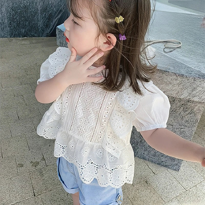 Helena Round Neck Bubble Sleeve Lace Hollow Breathable