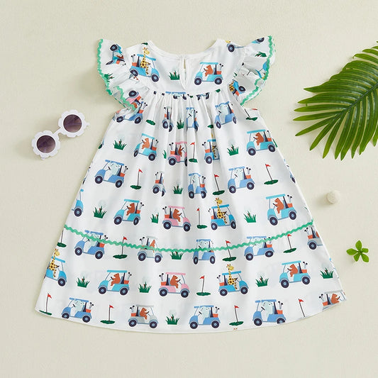 Girls Summer Sleeveless Round Neck Floral Print A-line Dress with Bow Detail