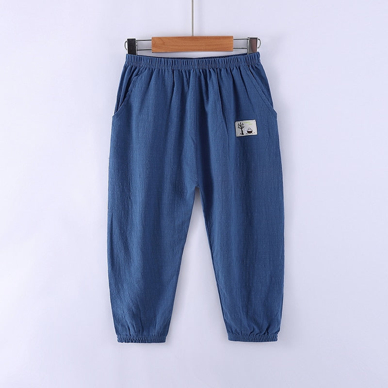 Solid Color Children Trousers Cotton Linen Elastic Waist Kids Clothing