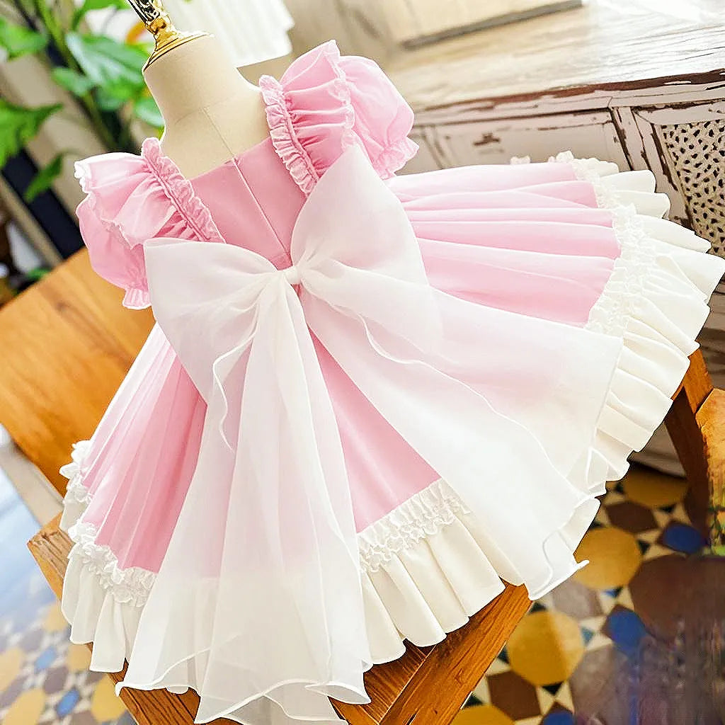 Girl's Dress Summer New Small Clear Lolita Pink Princess Dress Baby Birthday Stylish Performance Puff Skirt