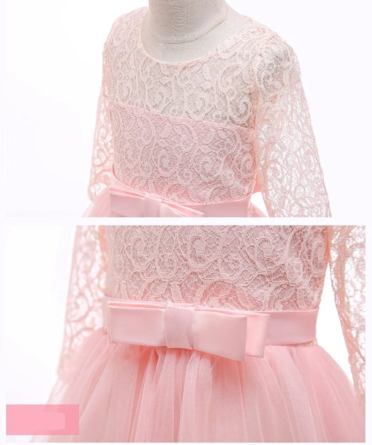 Girl's bow long sleeved princess dress 4-14 years old lace long mesh dress