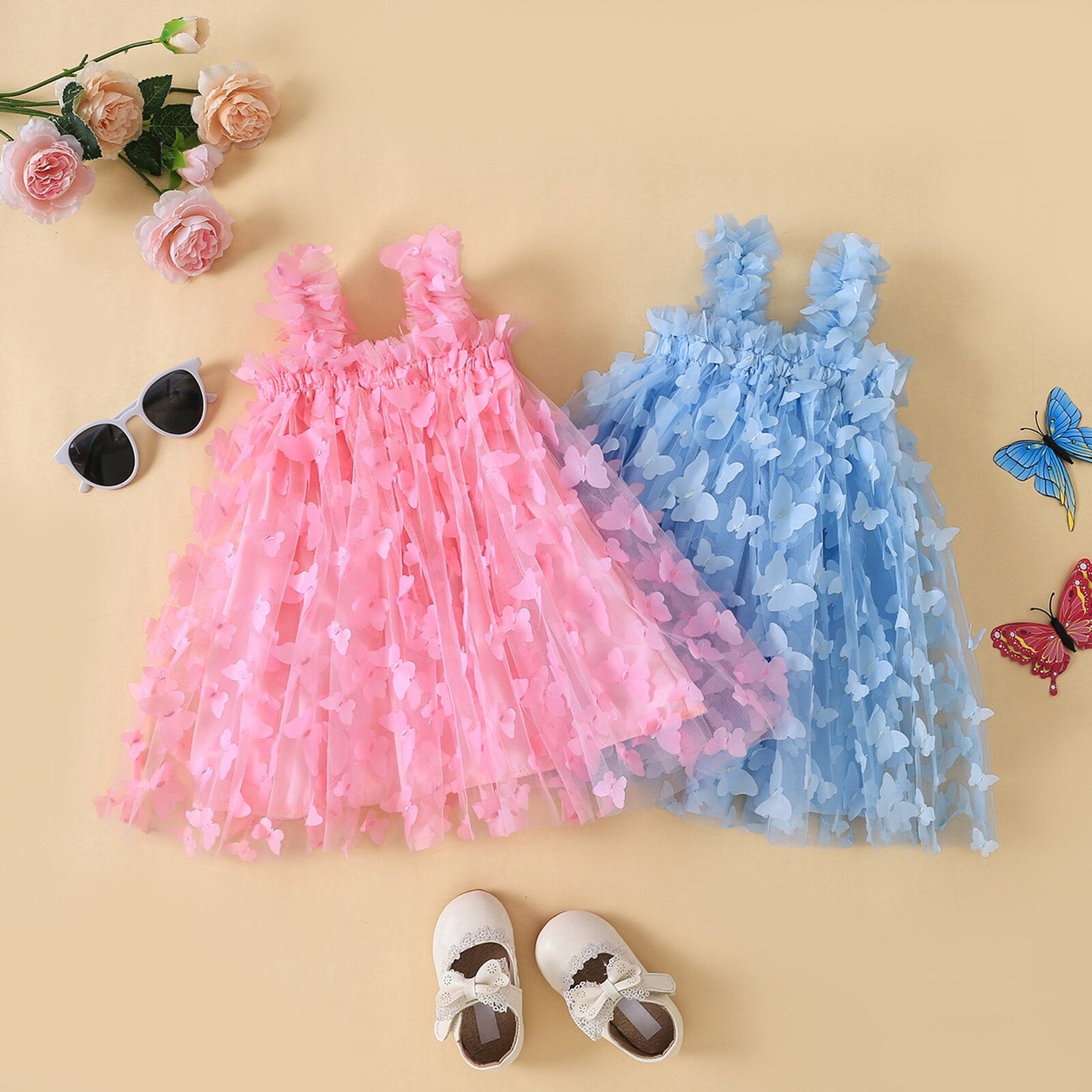 Guadalupe Girls Dress 3D Butterfly Solid Sleeveless Summer - GuGuTon