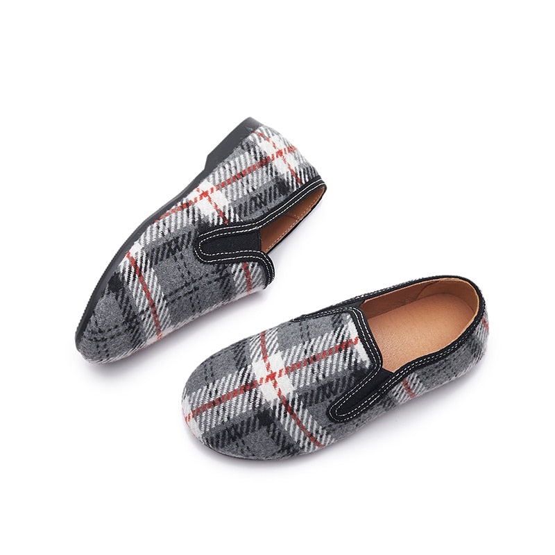Boys Loafers Slip On Shoes Elastic White Grey Plaid