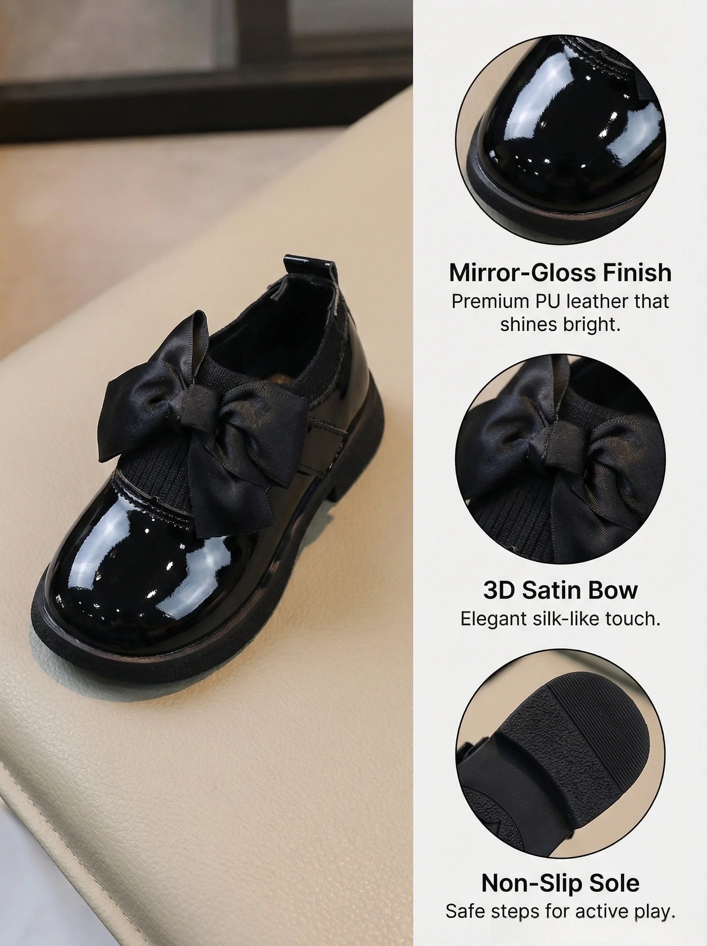 Reagan COMFY KIDS Kids Black Glossy Leather Shoes With Bow