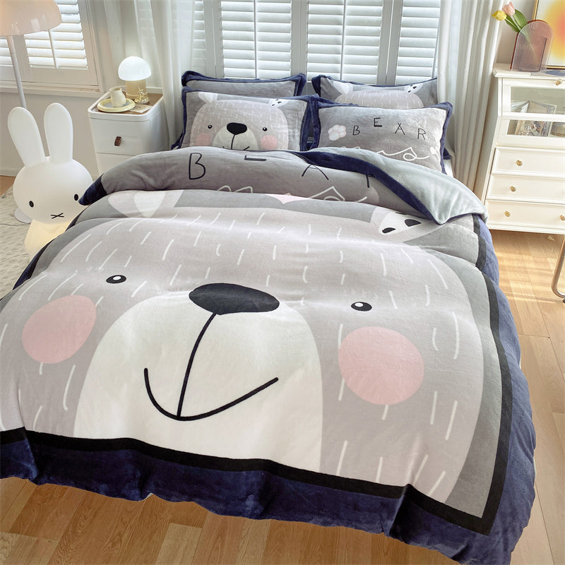 Cute Cartoon Milk Velvet Bedding Set Of Four Bedding - GuGuTon