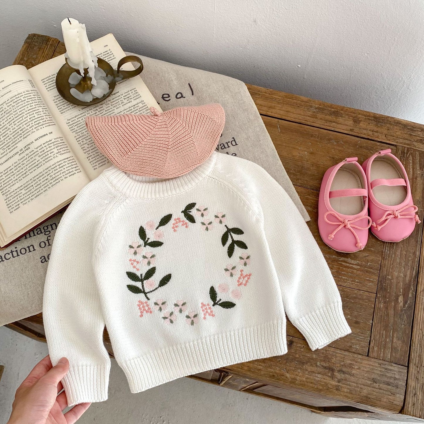 Nora Girl's Knitted Shirt Flower Embroidered Pullover Top