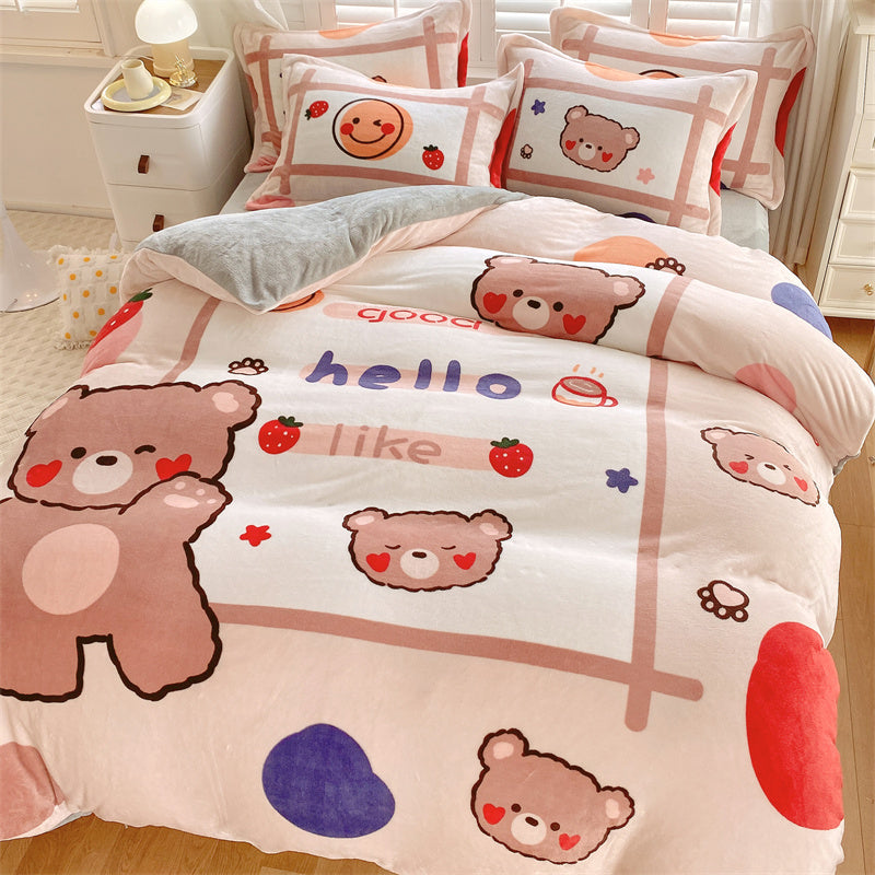 Cute Cartoon Milk Velvet Bedding Set Of Four Bedding - GuGuTon