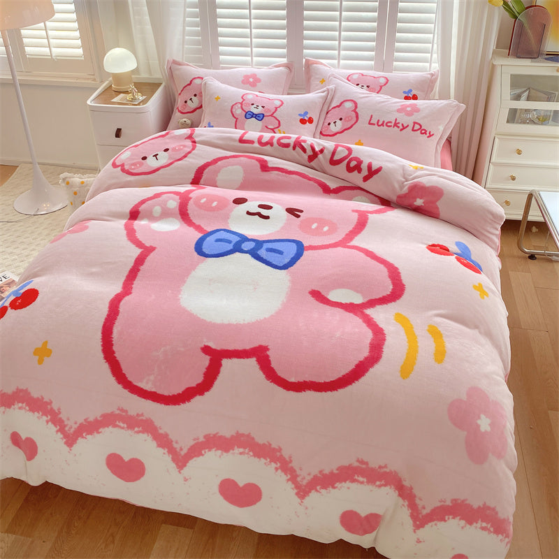 Cute Cartoon Milk Velvet Bedding Set Of Four Bedding - GuGuTon
