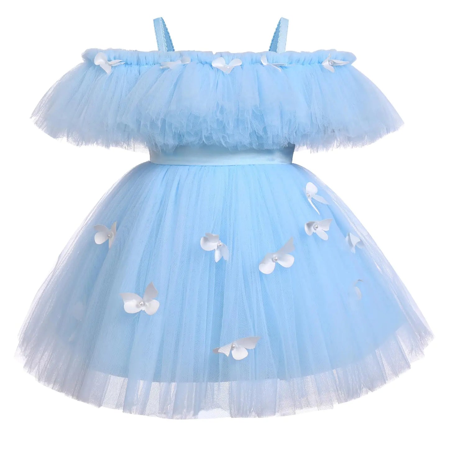 Flower Girl Butterfly Tutu Dress for Kids-Baby First Communion Wedding Party Dresses-Toddler Little Princess Pageant Birthday Ruffle Off Shoulder Tulle Gown-Blue Butterfly - Ruffle