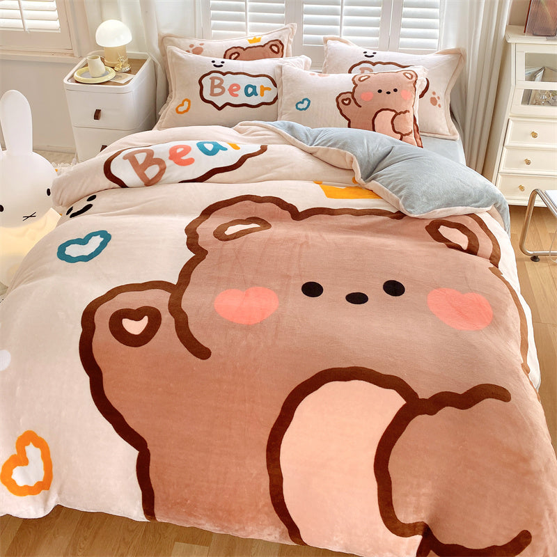 Cute Cartoon Milk Velvet Bedding Set Of Four Bedding - GuGuTon