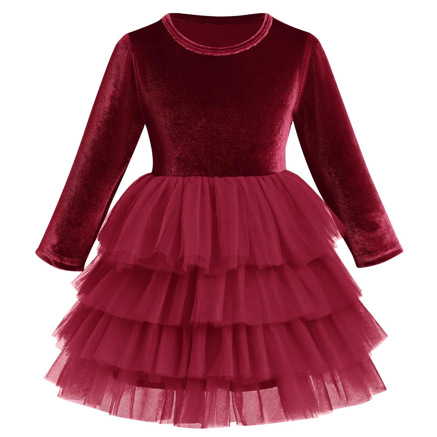 Long Sleeve Christmas Dresses for Baby Girls-Burgundy Flower-Girl Tutu Tulle Dress Fall/Winter/Fancy Party Twirl Dress-Vestidos Elegantes