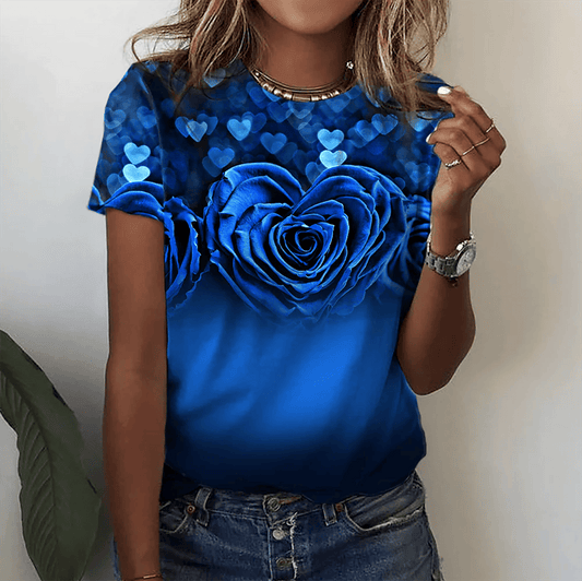 Naila 3D Rose Printing Short Sleeve Tees Plus Sized Women Tops