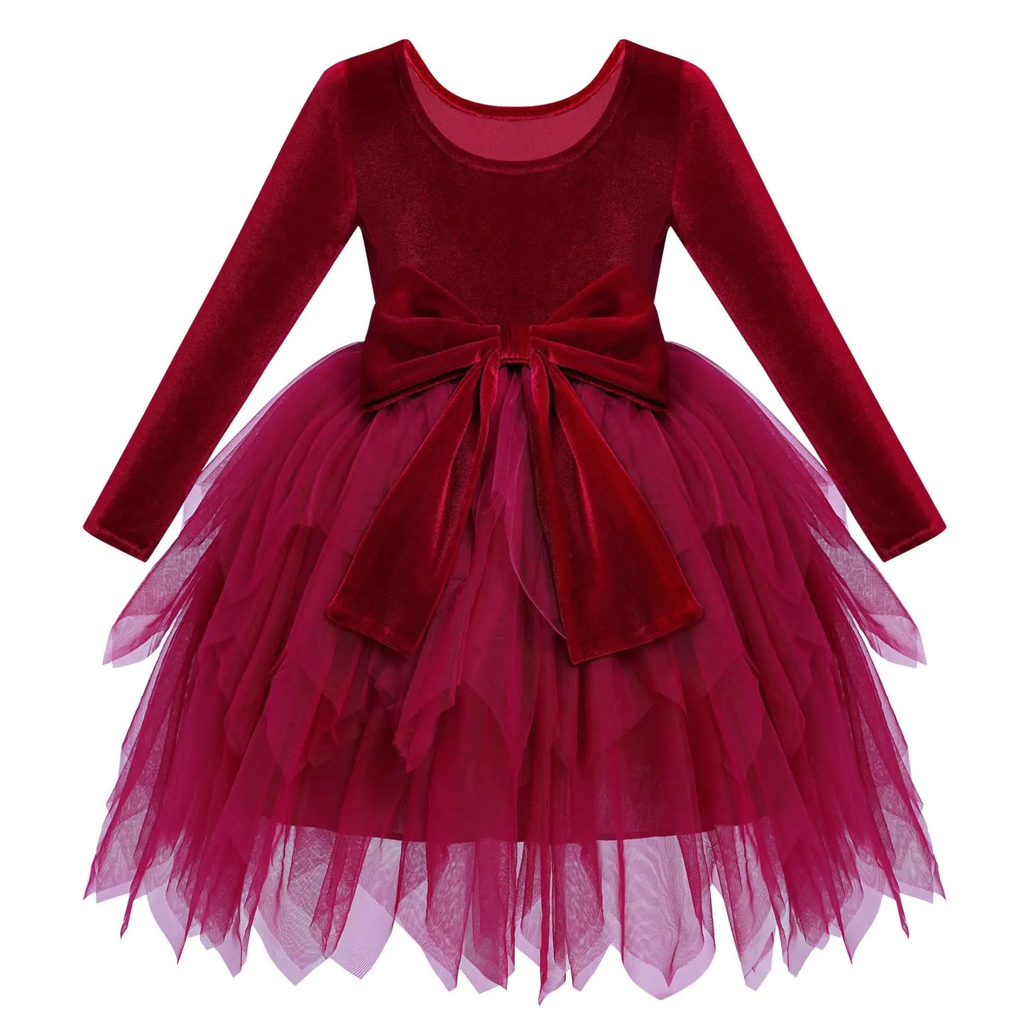 Velvet Tutu Dress-Bowknot Tulle Ruffle Long Sleeve Princess Christmas/Birthday Party Dresses-Fall/Winter Clothes-Kids Vintage
