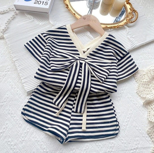 Denisse Bow Tie V-Neck Top and Shorts Striped Set