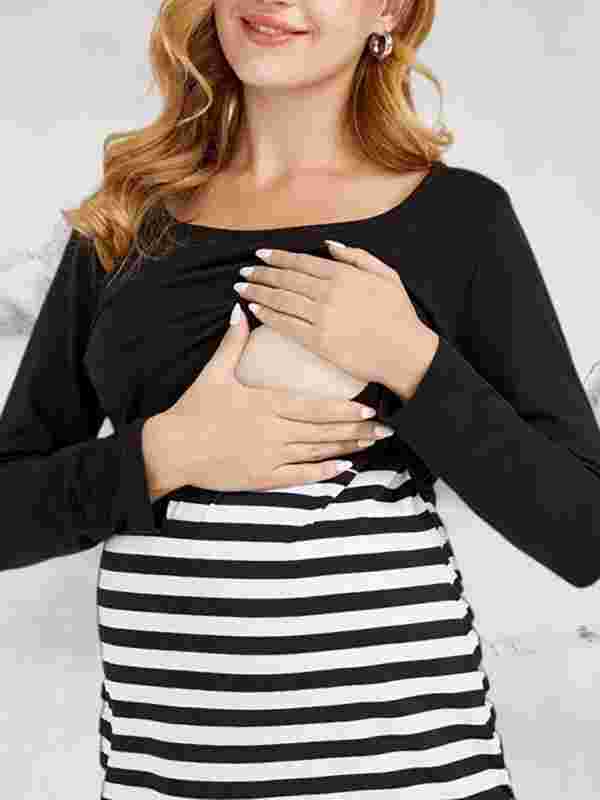 Lionela Maternity Dress - Long Sleeve Round Neck Striped Knit Dress