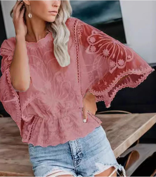 Gailine Sleeve Lace Elegant Floral Sheer Casual Mesh Tops