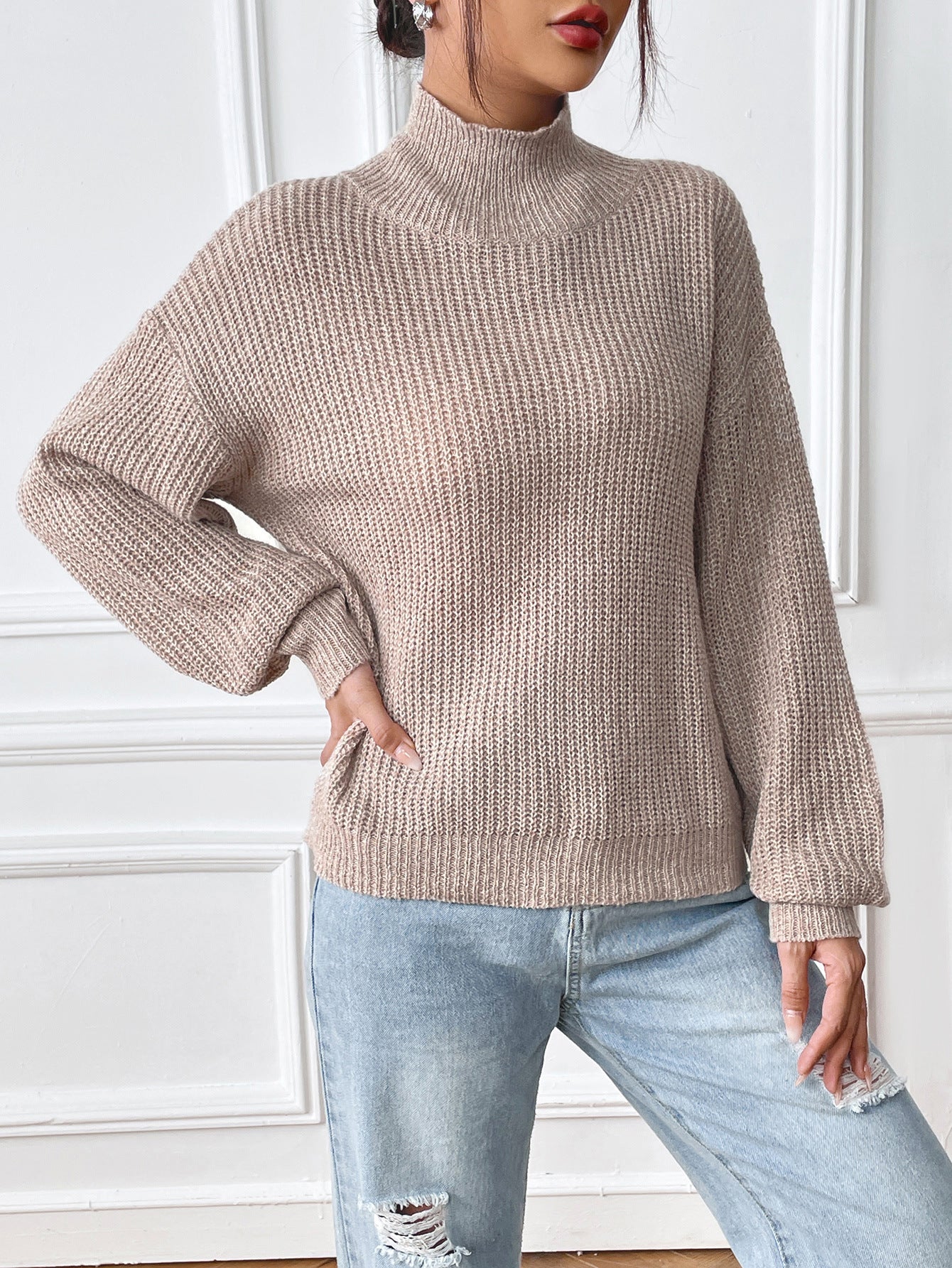 Elaine Semi High Neck Pullover Sweater with Mixed Colors