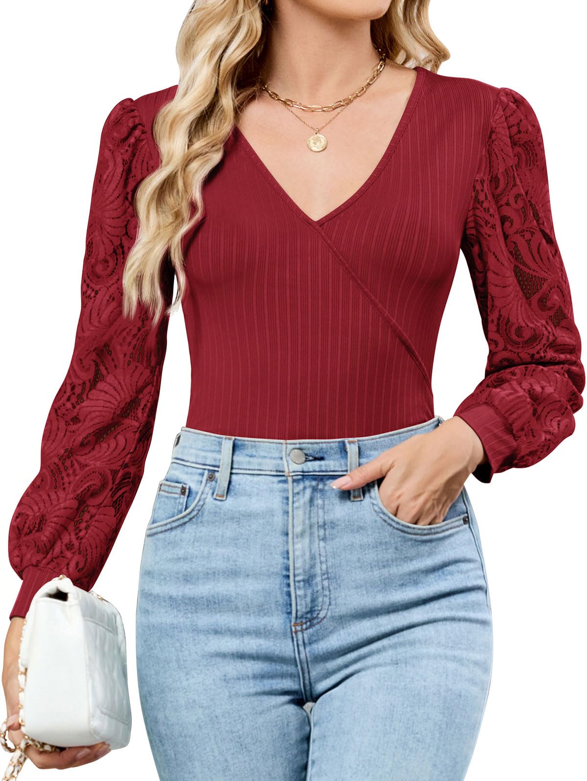 Dionelis Cross Wrap Deep V Neck Long Sleeve Tops