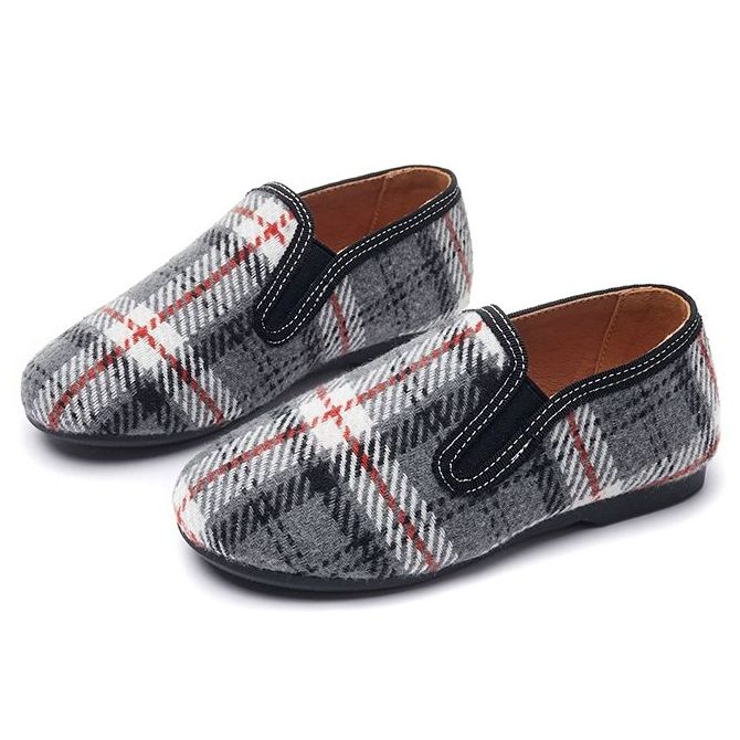 Boys Loafers Slip On Shoes Elastic White Grey Plaid
