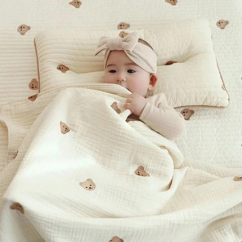 Alvin Bear Embroidered Baby Blanket, Cotton Sleeping Bed