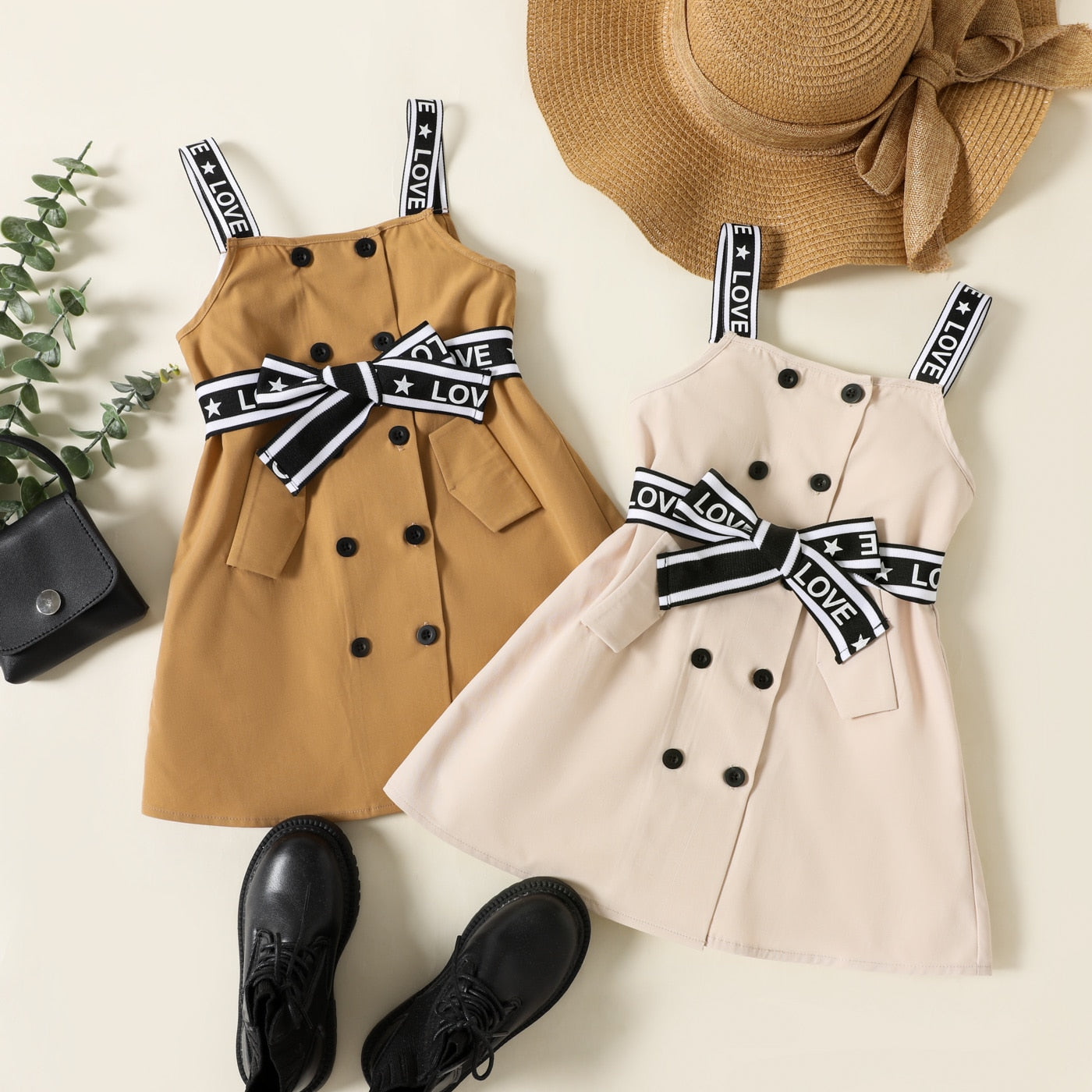 Salomé Girl Letter Print Button Design Belted Strap Dress