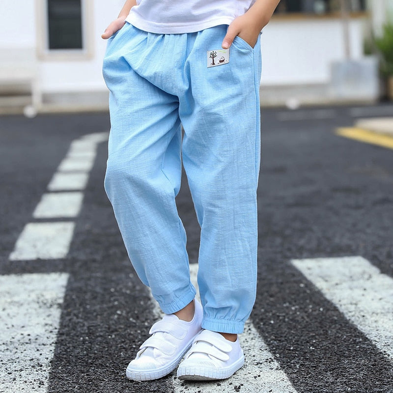 Solid Color Children Trousers Cotton Linen Elastic Waist Kids Clothing