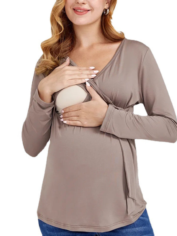 Sofia Solid Color Nursing V Neck Long Sleeved Maternity Tops