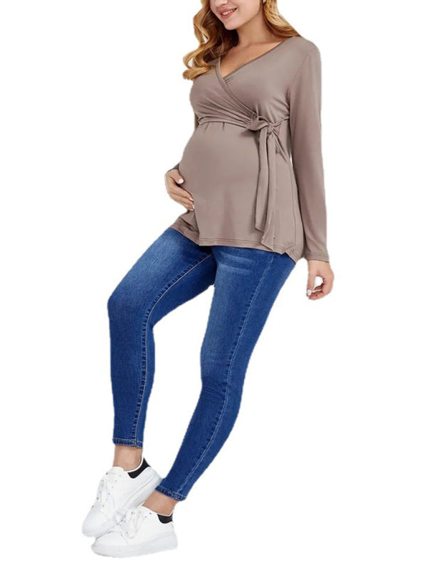 Sofia Solid Color Nursing V Neck Long Sleeved Maternity Tops