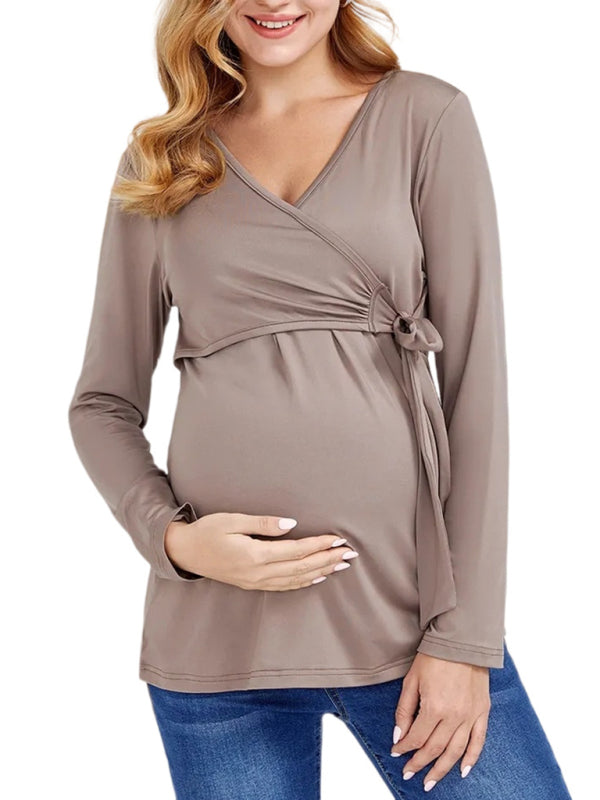 Sofia Solid Color Nursing V Neck Long Sleeved Maternity Tops