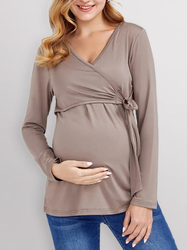 Sofia Solid Color Nursing V Neck Long Sleeved Maternity Tops