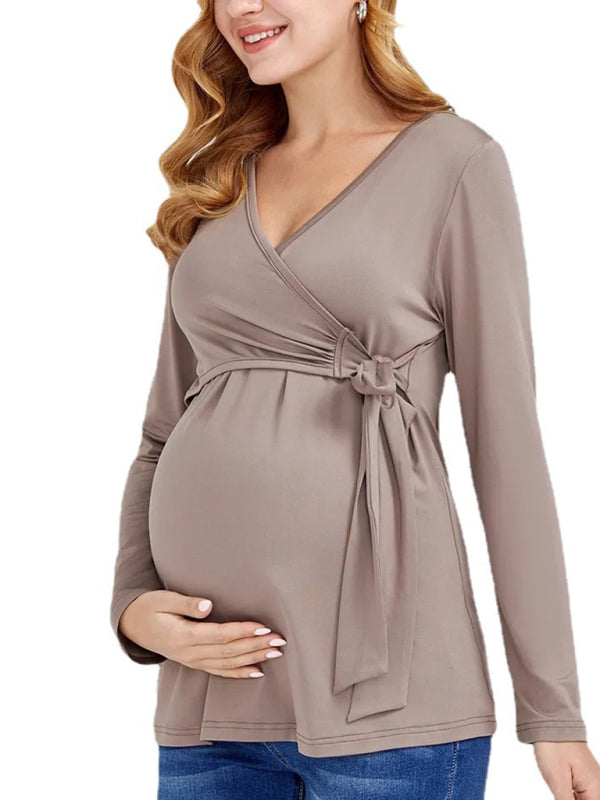 Sofia Solid Color Nursing V Neck Long Sleeved Maternity Tops
