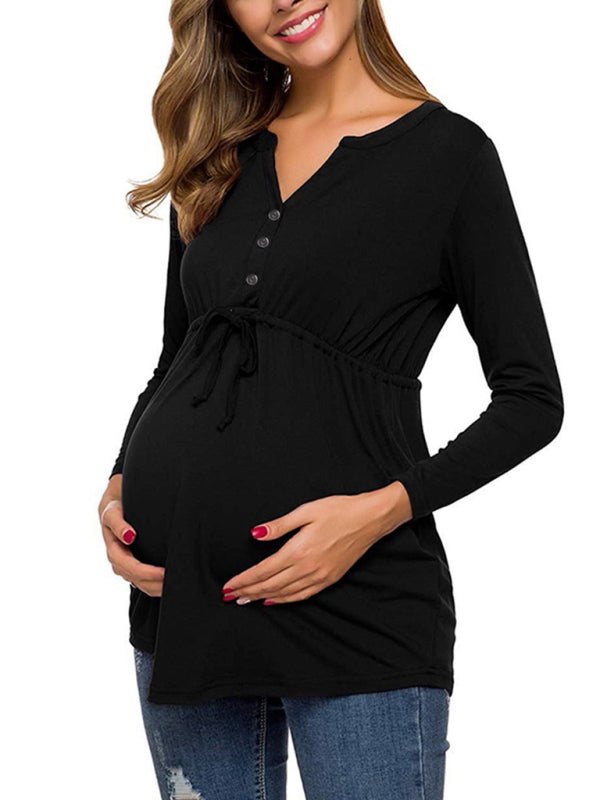Eleanor Solid Color Drawstring Button Half Long Sleeve Blouse