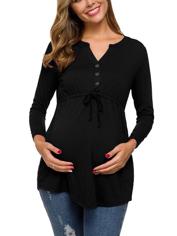 Eleanor Solid Color Drawstring Button Half Long Sleeve Blouse
