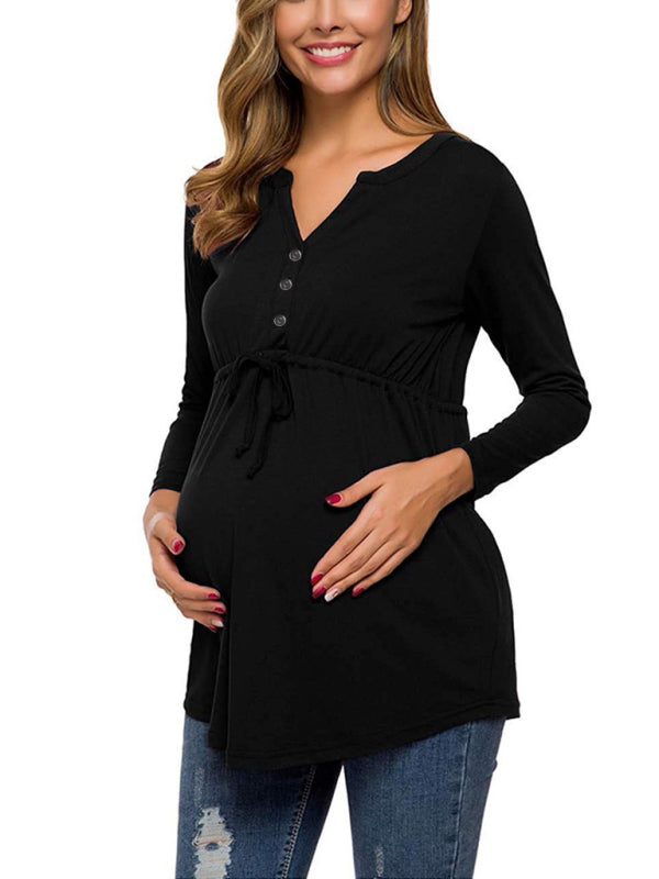 Eleanor Solid Color Drawstring Button Half Long Sleeve Blouse