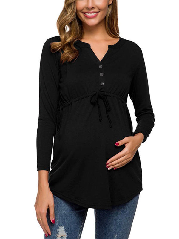 Eleanor Solid Color Drawstring Button Half Long Sleeve Blouse