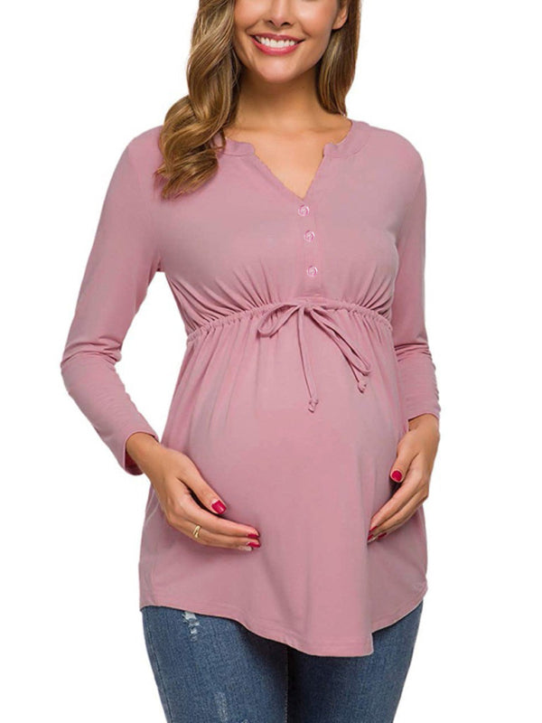Eleanor Solid Color Drawstring Button Half Long Sleeve Blouse