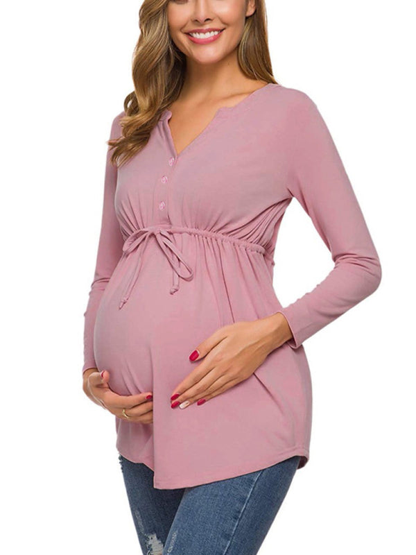 Eleanor Solid Color Drawstring Button Half Long Sleeve Blouse