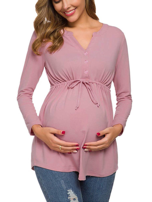 Eleanor Solid Color Drawstring Button Half Long Sleeve Blouse