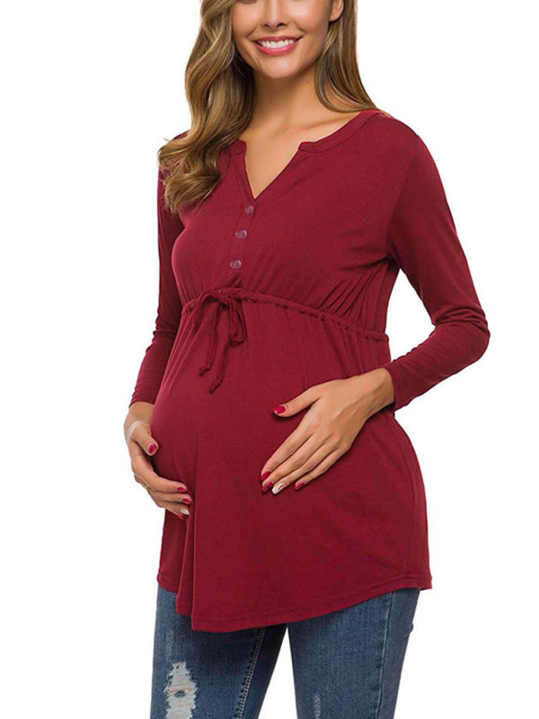 Eleanor Solid Color Drawstring Button Half Long Sleeve Blouse