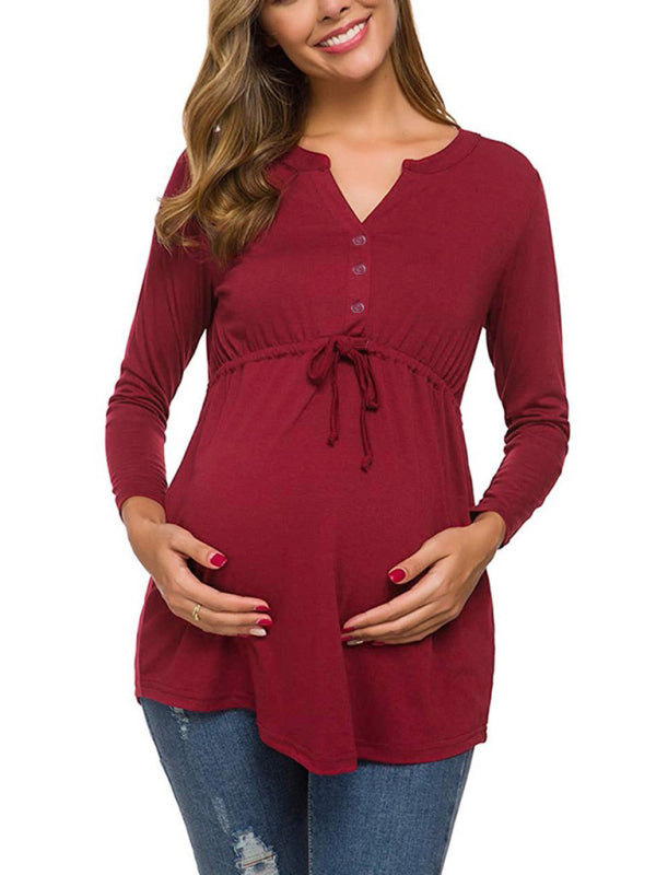 Eleanor Solid Color Drawstring Button Half Long Sleeve Blouse