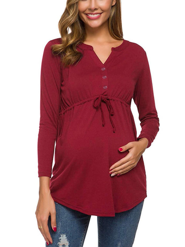 Eleanor Solid Color Drawstring Button Half Long Sleeve Blouse