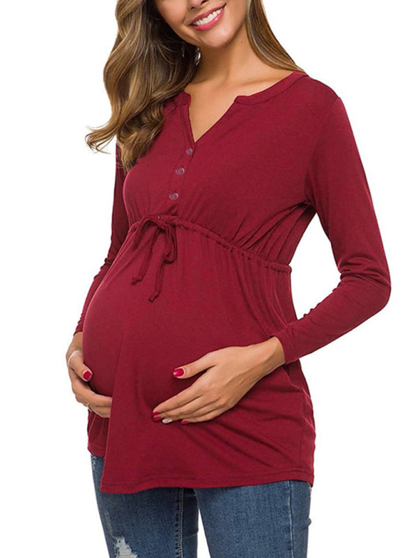 Eleanor Solid Color Drawstring Button Half Long Sleeve Blouse