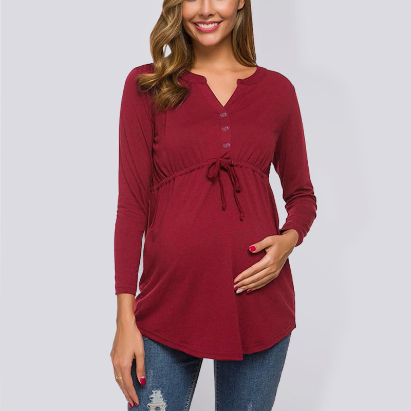 Eleanor Solid Color Drawstring Button Half Long Sleeve Blouse