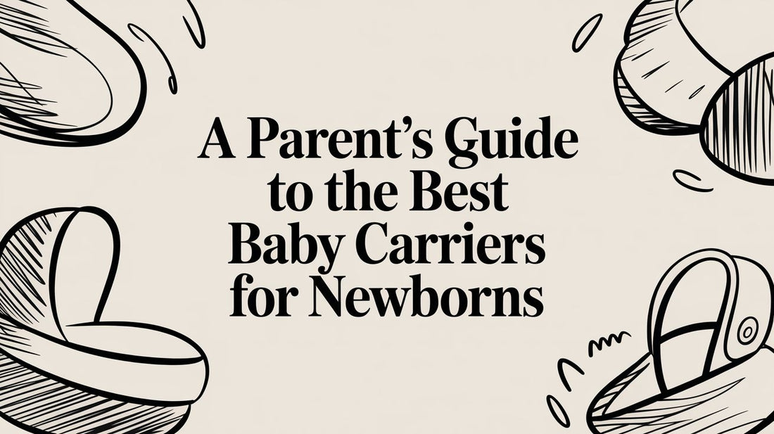 Text graphic stating a parent's guide to the best baby carriers for newborns with simple line art illustrations