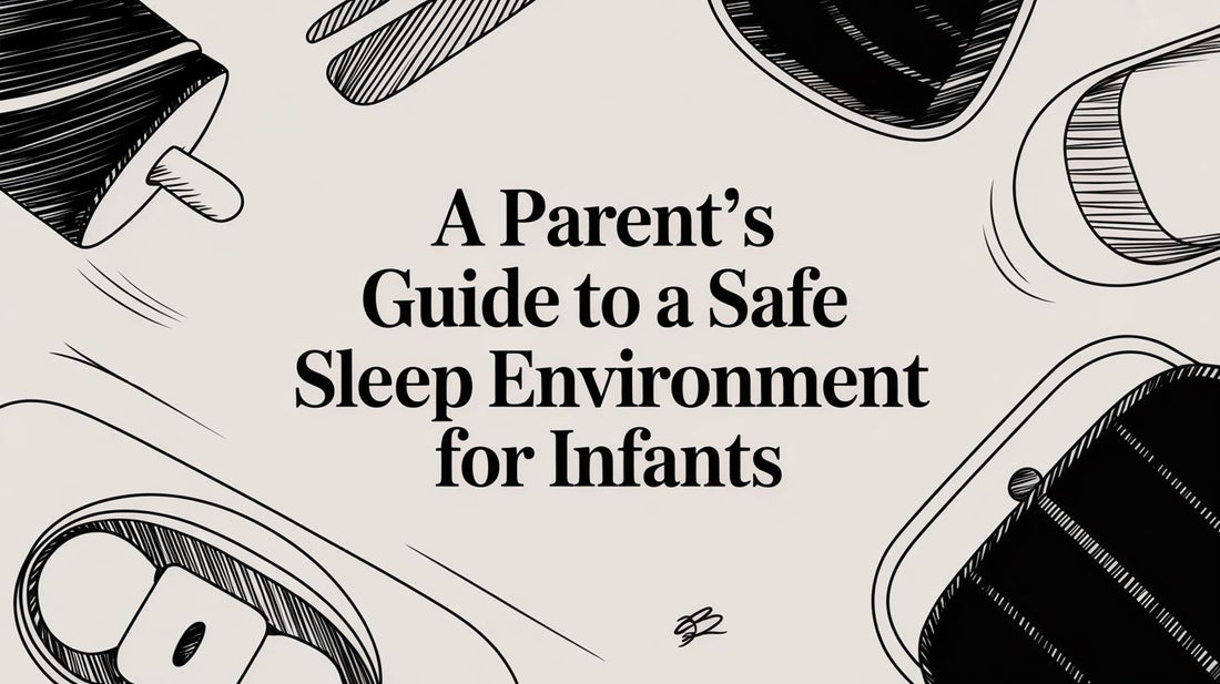 Black and white text illustration titled 'A Parent's Guide to a Safe Sleep Environment for Infants' with simple baby-related graphic elements